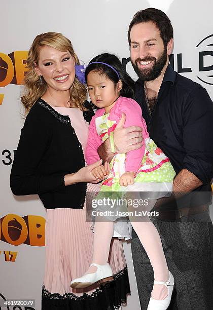 Actress Katherine Heigl, husband Josh Kelley and daughter Nancy "Naleigh" Leigh attend the premiere of "The Nut Job" at Regal Cinemas L.A. Live on...