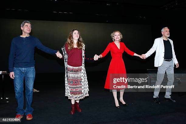 Actors Stephane Comby, Lena Breban, Caroline Silhol and Herve Dubourjal acknowledge the applause of the audience at the end of 'La Maison d'a cote'...