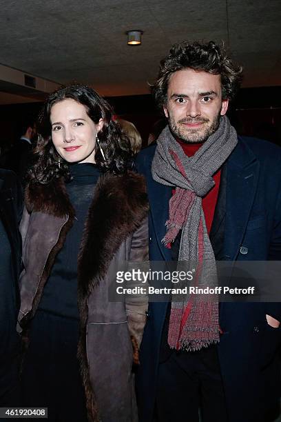 Actress Chloe Lambert and her husband producer Thibault Ameline attend 'La Maison d'a cote' Theater Play at Theatre du Petit Saint Martin on January...