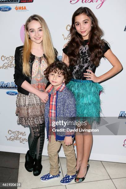 Actors Sabrina Carpenter, August Maturo and Rowan Blanchard attend Coco Jones' Sweet 16 birthday party at the SLS Hotel on January 11, 2014 in...