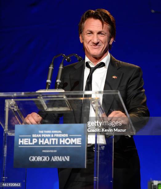 Sean Penn speaks onstage at the 3rd annual Sean Penn & Friends HELP HAITI HOME Gala benefiting J/P HRO presented by Giorgio Armani at Montage Beverly...