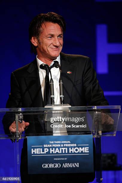 Sean Penn speaks onstage during the 3rd annual Sean Penn & Friends HELP HAITI HOME Gala benefiting J/P HRO presented by Giorgio Armani at Montage...