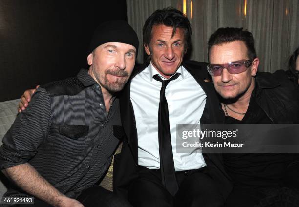 The Edge, Sean Penn and Bono of U2 attend the 3rd annual Sean Penn & Friends HELP HAITI HOME Gala benefiting J/P HRO presented by Giorgio Armani at...