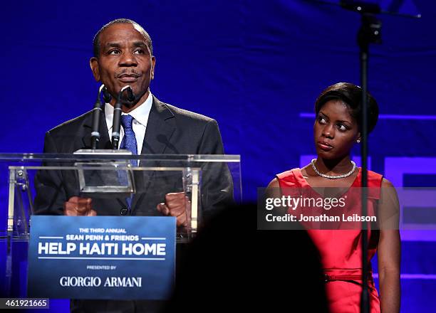 Gary Philoctete and Anaelle Jean-Pierre speak onstage at the 3rd annual Sean Penn & Friends HELP HAITI HOME Gala benefiting J/P HRO presented by...