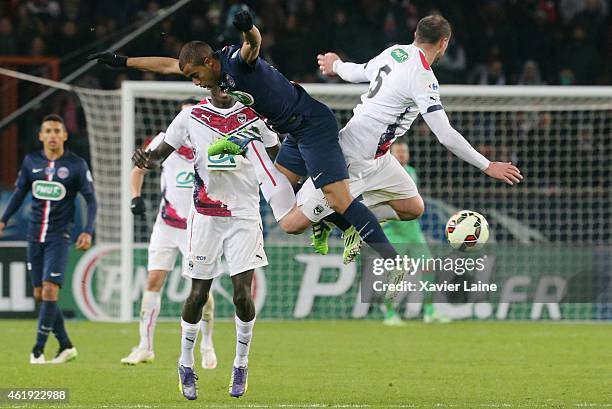 Lucas Moura of Paris Saint-Germain in action with Nicolas Pallois of Bordeaux Girondins during the French Cup between Paris Saint-Germain FC Bordeaux...