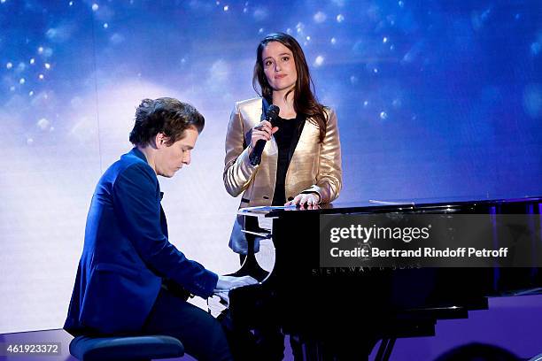 Main Guest of the show, Singer Benabar and actress Marie Gillain perform during the 'Vivement Dimanche' French TV Show at Pavillon Gabriel on January...