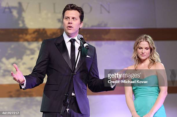 Honorees Hayes MacArthur and Ali Larter speak onstage at The Art of Elysium's 7th Annual HEAVEN Gala presented by Mercedes-Benz at Skirball Cultural...