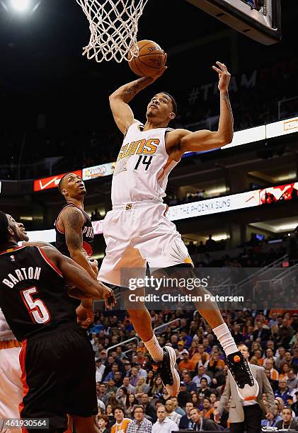 Gerald Green of the Phoenix Suns attempts a slam dunk against the Portland Trail Blazers during the second half of the NBA game at US Airways Center...