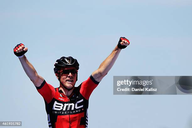 Australian cyclist Rohan Dennis of BMC Racing reacts after winning stage 3 of the 2015 Santos Tour Down Under on January 22, 2015 in Adelaide,...