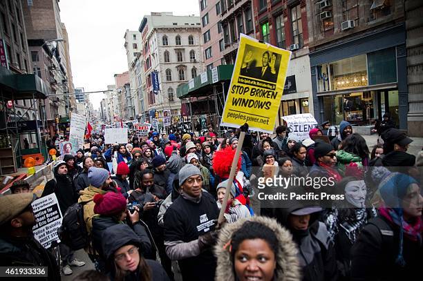 Protesters singing the song "I can't breathe" while marching down broadway. Hundreds of protesters in Harlem during Martin Luther King Jr. Day...