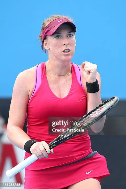 Madison Brengle of the United States celebrates in her second round match against Irina Falconi of the United States during day four of the 2015...