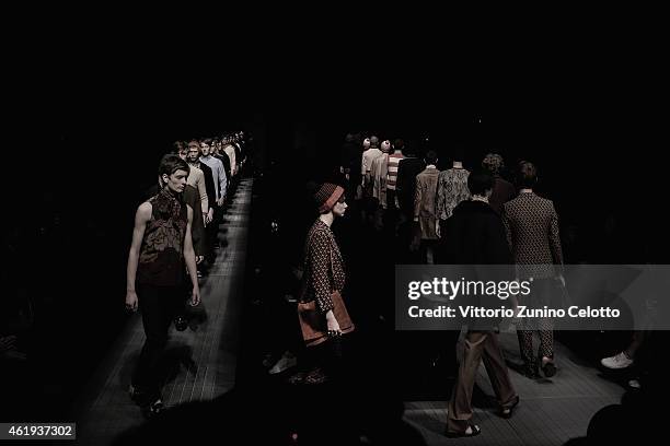 Models walk the runway during the Ferragamo Show as a part of Milan Menswear Fashion Week Fall Winter 2015/2016 on January 18, 2015 in Milan, Italy.