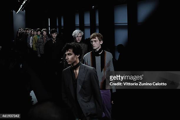 Models walk the runway during the Bottega Veneta Show as a part of Milan Menswear Fashion Week Fall Winter 2015/2016 on January 18, 2015 in Milan,...
