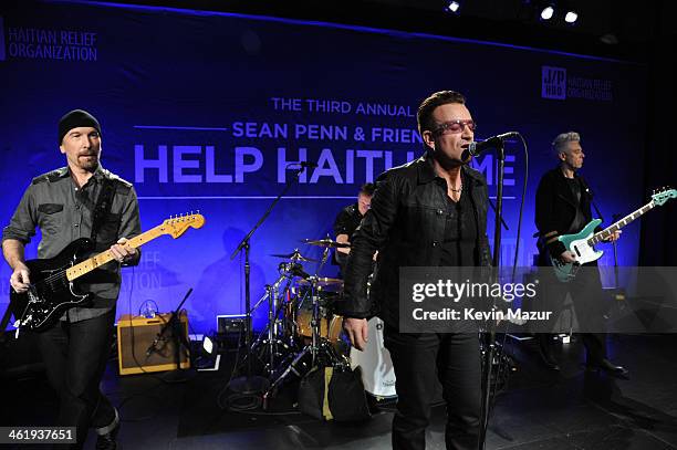 The Edge, Larry Mullen Jr., Bono and Adam Clayton perform onstage at the 3rd annual Sean Penn & Friends HELP HAITI HOME Gala benefiting J/P HRO...