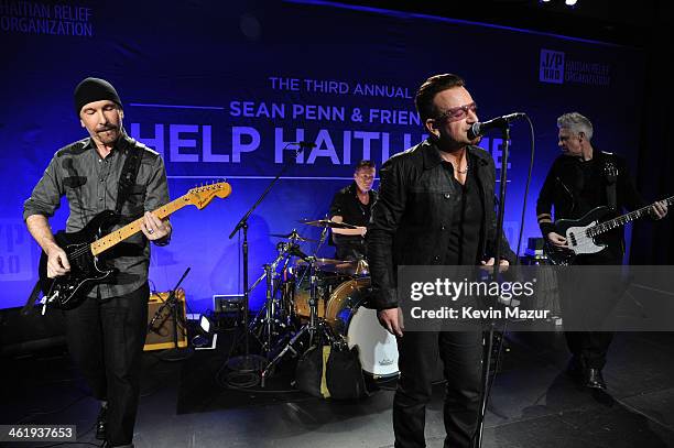 The Edge, Larry Mullen Jr., Bono and Adam Clayton perform onstage at the 3rd annual Sean Penn & Friends HELP HAITI HOME Gala benefiting J/P HRO...