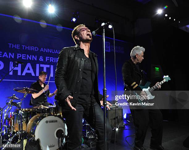 The Edge, Larry Mullen Jr., Bono and Adam Clayton perform onstage at the 3rd annual Sean Penn & Friends HELP HAITI HOME Gala benefiting J/P HRO...