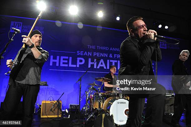 The Edge, Larry Mullen Jr., Bono and Adam Clayton perform onstage at the 3rd annual Sean Penn & Friends HELP HAITI HOME Gala benefiting J/P HRO...