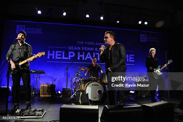 The Edge, Larry Mullen Jr., Bono and Adam Clayton perform onstage at the 3rd annual Sean Penn & Friends HELP HAITI HOME Gala benefiting J/P HRO...