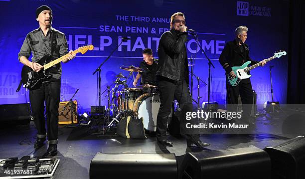 The Edge, Larry Mullen Jr., Bono and Adam Clayton perform onstage at the 3rd annual Sean Penn & Friends HELP HAITI HOME Gala benefiting J/P HRO...