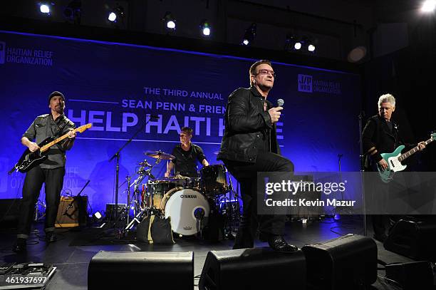 The Edge, Larry Mullen Jr., Bono and Adam Clayton perform onstage at the 3rd annual Sean Penn & Friends HELP HAITI HOME Gala benefiting J/P HRO...