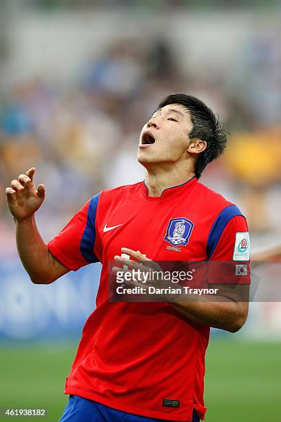 Lee Keun Ho of Korea Republic reacts after missing a goal during the 2015 Asian Cup match between Korea Republic and Uzbekistan at AAMI Park on...