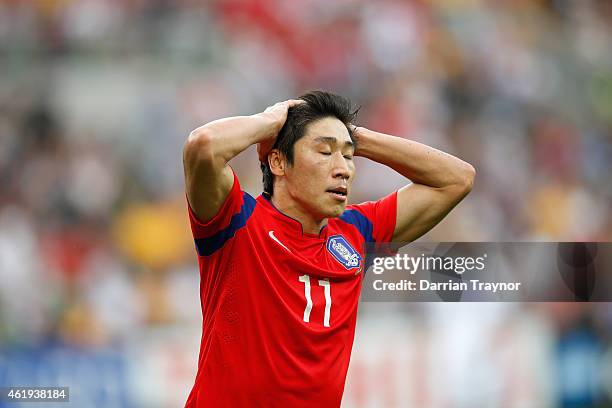 Lee Keun Ho of Korea Republic reacts after missing a goal during the 2015 Asian Cup match between Korea Republic and Uzbekistan at AAMI Park on...