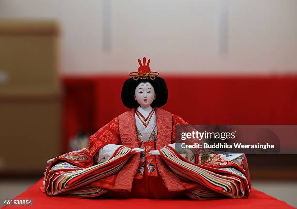 Hina doll is displayed ahead of Hinamatsuri at an outlet of the Izui Ningiyou doll workshop on January 22, 2015 in Kato, Japan. Hinamatsuri, or...