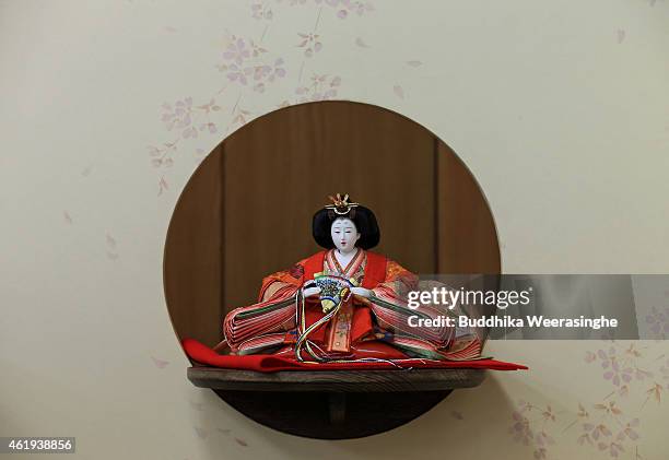 Hina doll is displayed ahead of Hinamatsuri at Izui Ningiyou doll workshop on January 22, 2015 in Kato, Japan. Hinamatsuri, or Girl's Day is...