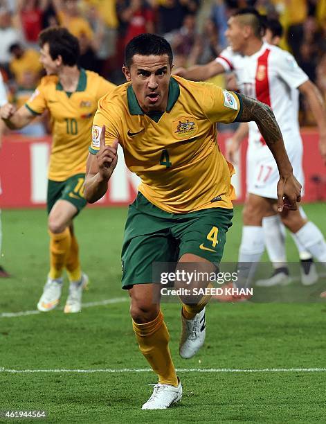 Australia's Tim Cahill celebrates his goal during the AFC Asian Cup quarter-final football match between Australia and China in Brisbane on January...