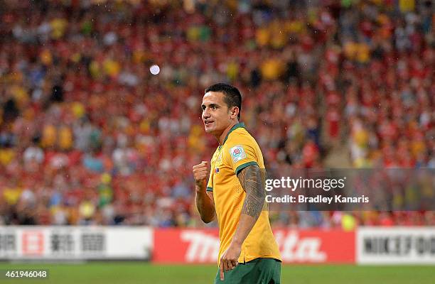 Tim Cahill of Australia celebrates after scoring a goal during the 2015 Asian Cup match between China PR and the Australian Socceroos at Suncorp...