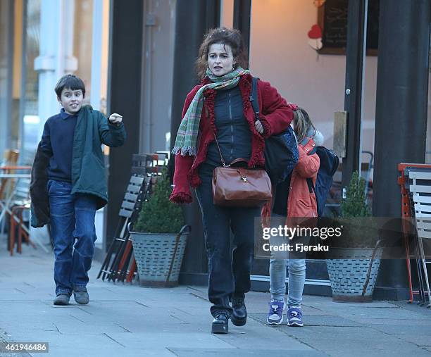 Helena Bonham Carter is sighted out and about in North London with her children on January 19, 2015 in London, England.