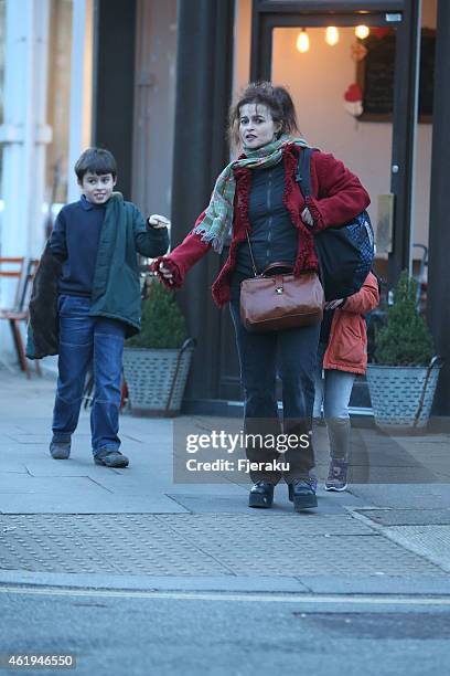 Helena Bonham Carter is sighted out and about in North London with her children on January 19, 2015 in London, England.