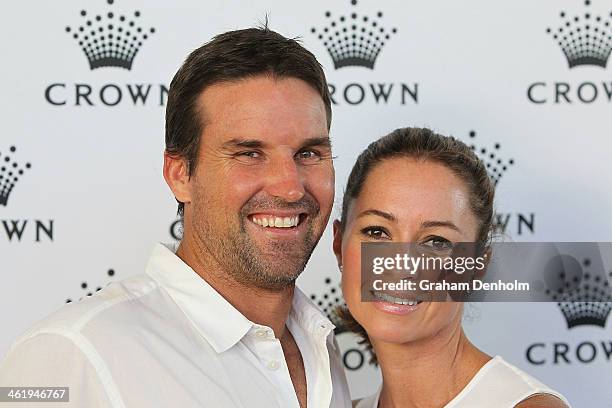 Pat Rafter and his wife Lara Feltham pose as they arrive at the IMG tennis players party at Crown Towers on January 12, 2014 in Melbourne, Australia.