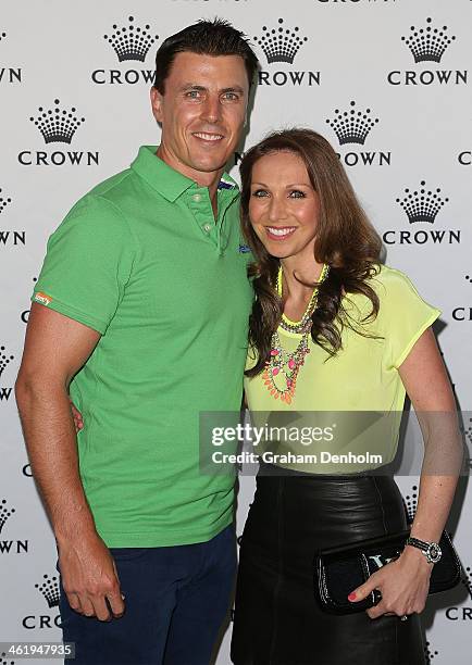 Matthew Lloyd and his wife Lisa Lloyd arrive at the IMG tennis players party at Crown Towers on January 12, 2014 in Melbourne, Australia.