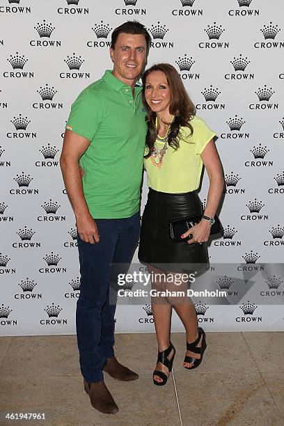 Matthew Lloyd and his wife Lisa Lloyd arrive at the IMG tennis players party at Crown Towers on January 12, 2014 in Melbourne, Australia.