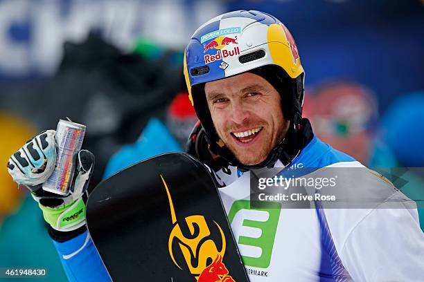 Roland Fischnaller of Italy celebrates after winning gold in the Men's Snowboard Parallel Slalom Finals during the FIS Freestyle Ski and Snowboard...