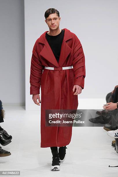 Model walks the runway at the Vektor show during the Mercedes-Benz Fashion Week Berlin Autumn/Winter 2015/16 at Brandenburg Gate on January 22, 2015...