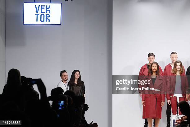 Deisgners Martin Eichler and Kristina Puljan pose on the runway at the Vektor show during the Mercedes-Benz Fashion Week Berlin Autumn/Winter 2015/16...