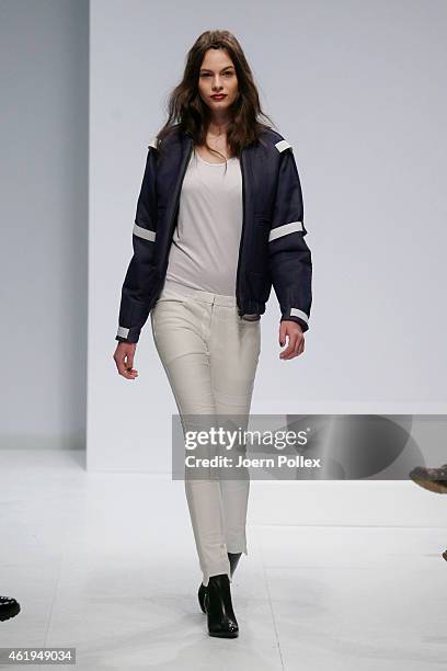 Model walks the runway at the Vektor show during the Mercedes-Benz Fashion Week Berlin Autumn/Winter 2015/16 at Brandenburg Gate on January 22, 2015...