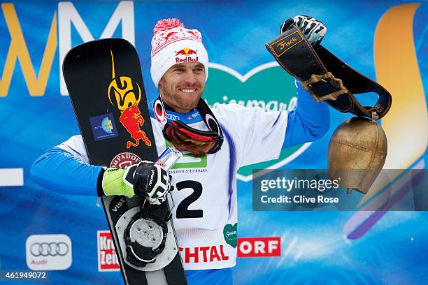 Roland Fischnaller of Italy celebrates after winning gold in the Men's Snowboard Parallel Slalom Finals during the FIS Freestyle Ski and Snowboard...