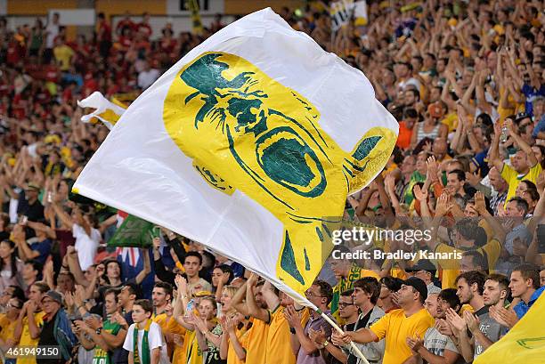 Australian fans celebrate their teams victory after the 2015 Asian Cup match between China PR and the Australian Socceroos at Suncorp Stadium on...