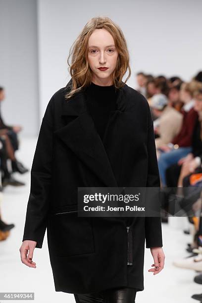 Model walks the runway at the Vektor show during the Mercedes-Benz Fashion Week Berlin Autumn/Winter 2015/16 at Brandenburg Gate on January 22, 2015...