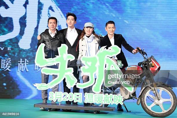 Actor Andy Lau , actor Jing Boran and president of Huayi Brothers Media Corporation Wang Zhonglei attend director Sanyuan Peng's film "Lost and Love"...
