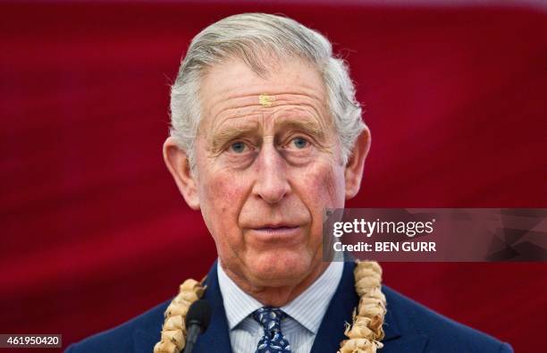 Britain's Prince Charles, Prince of Wales, delivers a speech during a tour of the Jain Temple in Potters Bar, Hertfordshire, on January 22, 2015. The...