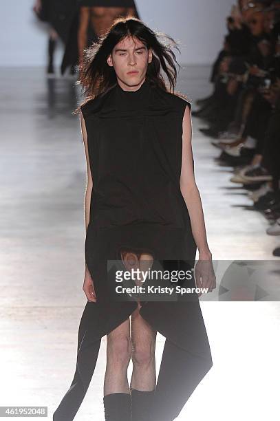 Model walks the runway during the Rick Owens Menswear Fall/Winter 2015-2016 show at Palais de Tokyo as part of Paris Fashion Week on January 22, 2015...