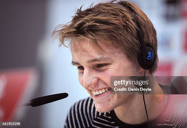 Martin Odegaard from Norway answers a question from a member of the media during his press conference at Real Madrid's Valdebebas training grounds...