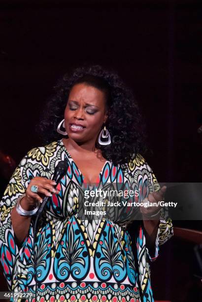 American Jazz vocalist Dianne Reeves performs with her quintet during a JVC Jazz Festival concert at Carnegie Hall, New York, New York, June 27, 2008.