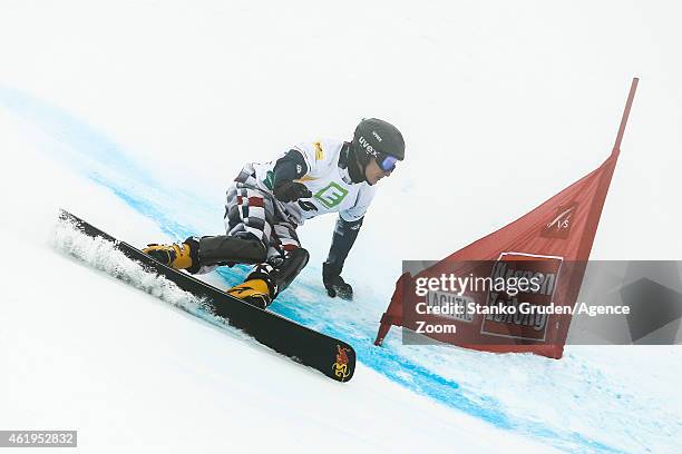 Andrey Sobolev of Russia takes 2nd place during the FIS Snowboard World Championships Men's and Women's Parallel Slalom on January 22, 2015 in...