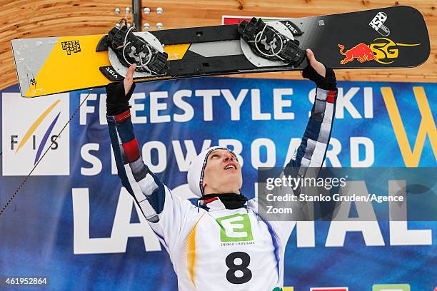 Andrey Sobolev of Russia takes 2nd place during the FIS Snowboard World Championships Men's and Women's Parallel Slalom on January 22, 2015 in...