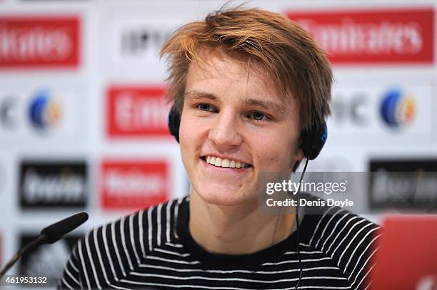 Martin Odegaard from Norway answers a question from a member of the media during his press conference at Real Madrid's Valdebebas training grounds...